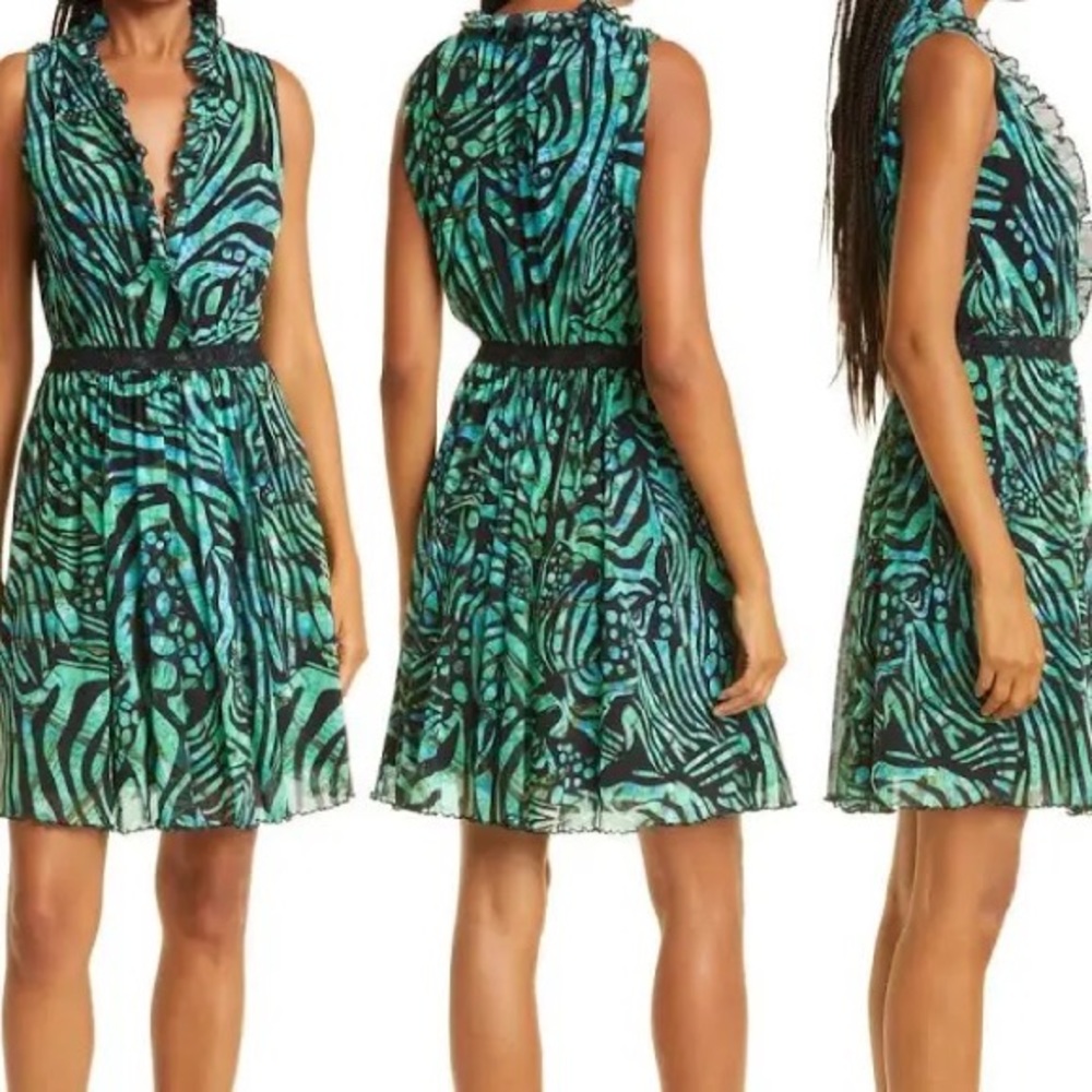 FUZZI ABITO CORTO RUFFLE ANIMAL PRINT A-LINE DRESS GREEN MEDIUM NWOT